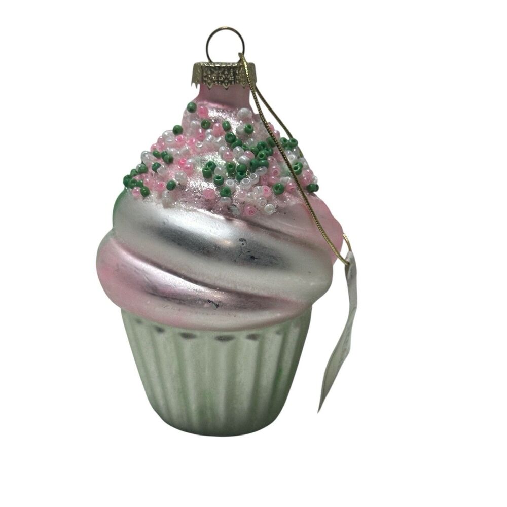 Glass Pink Icing Cupcake Christmas 3” Ornament Bead Sprinkles Birthday Girl